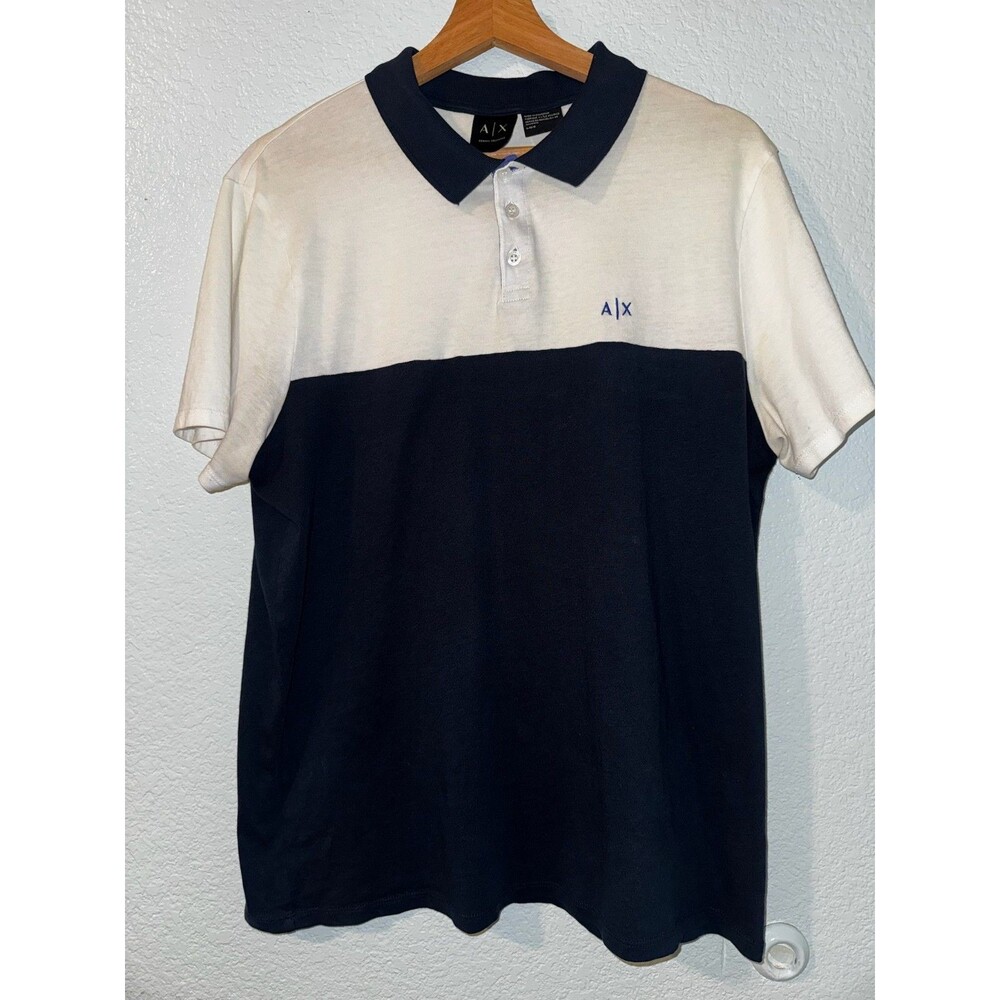 A|X Armani Exchange Polo Shirt Mens L Navy Cream Color block 100% Cotton Logo